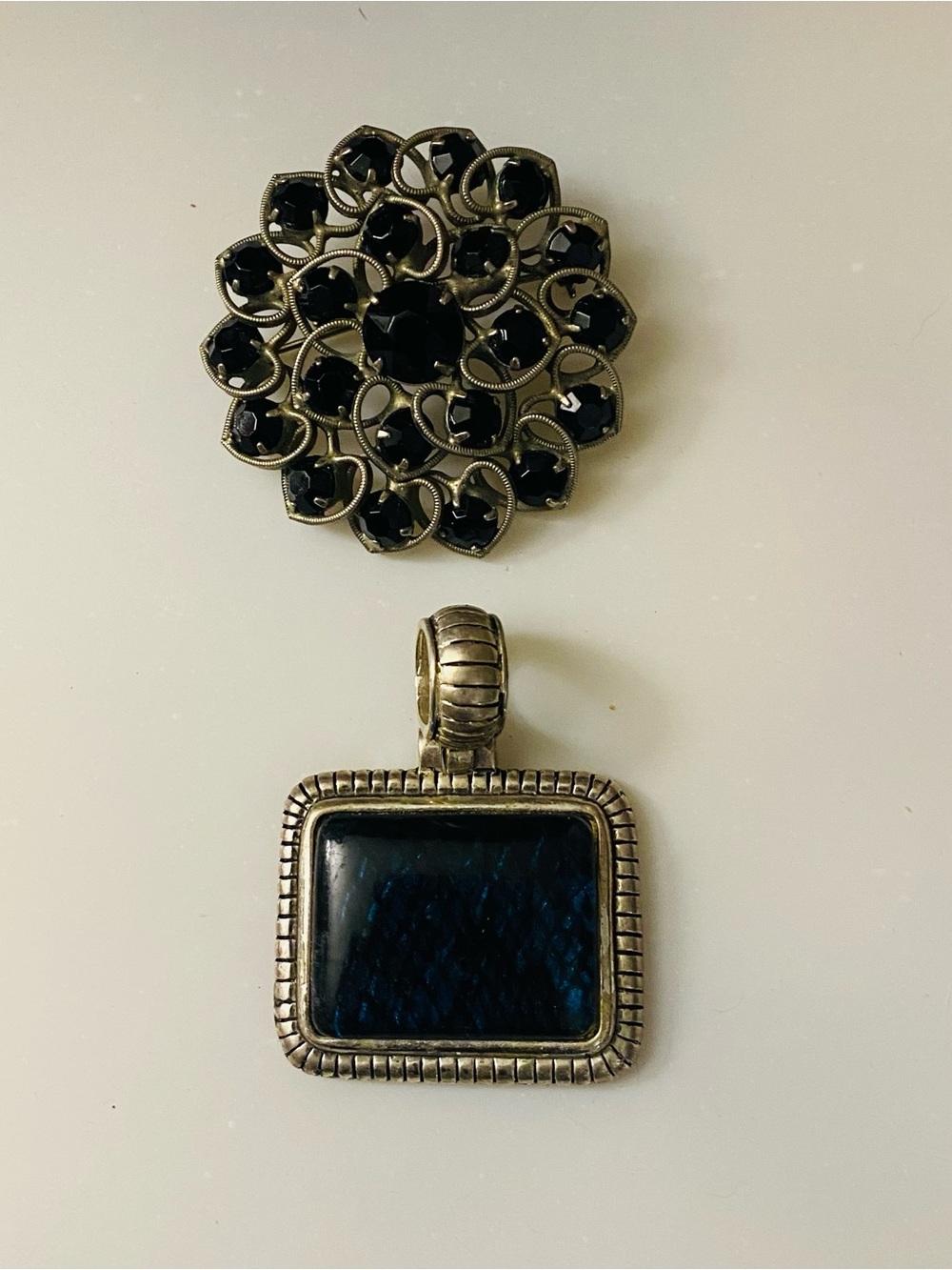Sterling-Tone Black Glass Pendant Necklace and Black Heart Brooch